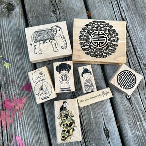 Vintage Asian-Inspired Wooden Stamp Set